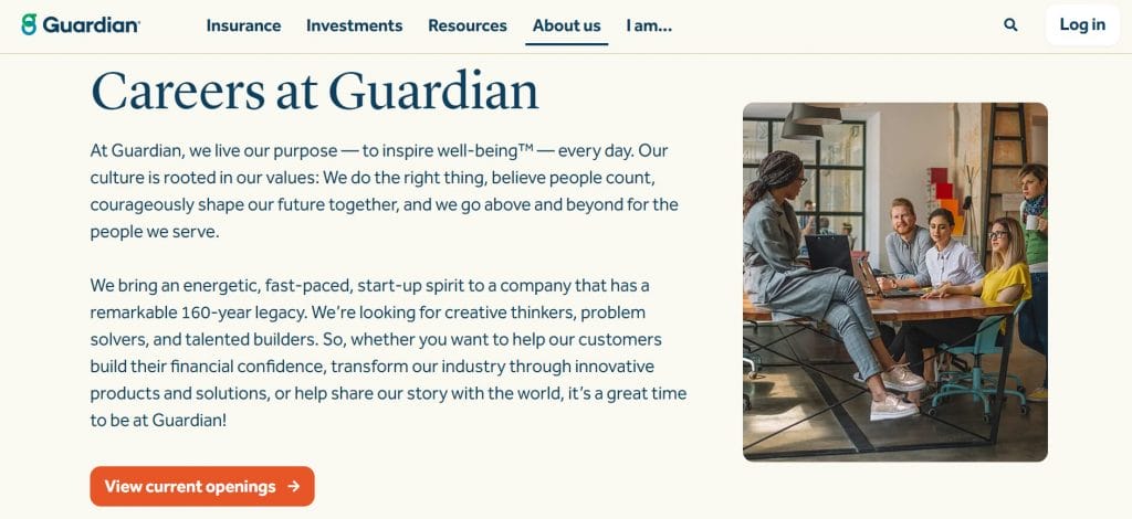 A screenshot of Guardian's careers page