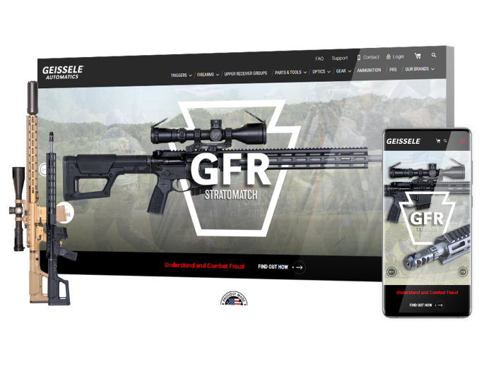 A collage of eCommerce web design and product images for Geissele Automatics