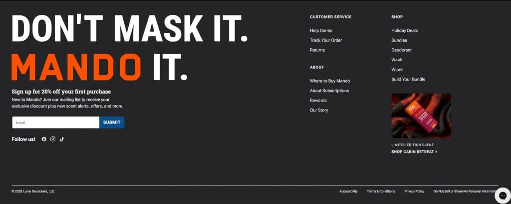 Mando website footer design example screenshot