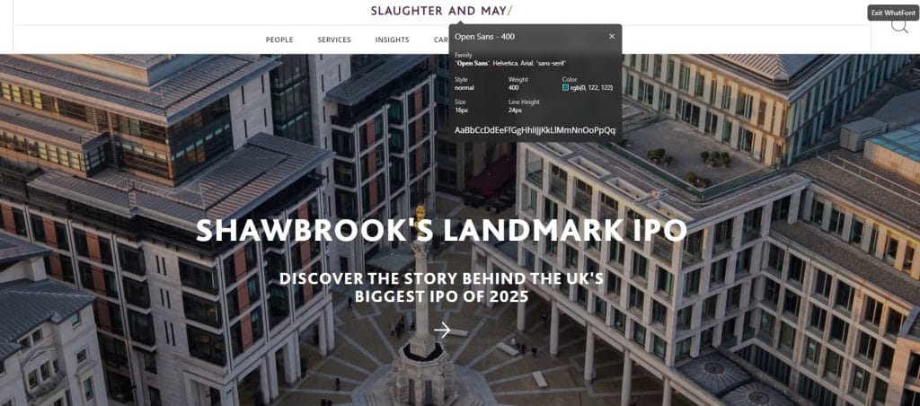 Screenshot of Slaughter and May's website showing the font that's used