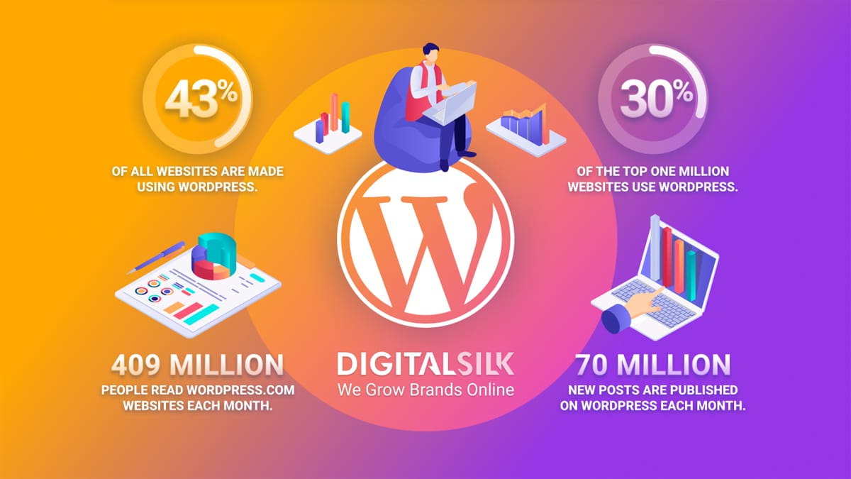 An infographic showing statistics about WordPress. Featured image for WordPress Statistics.