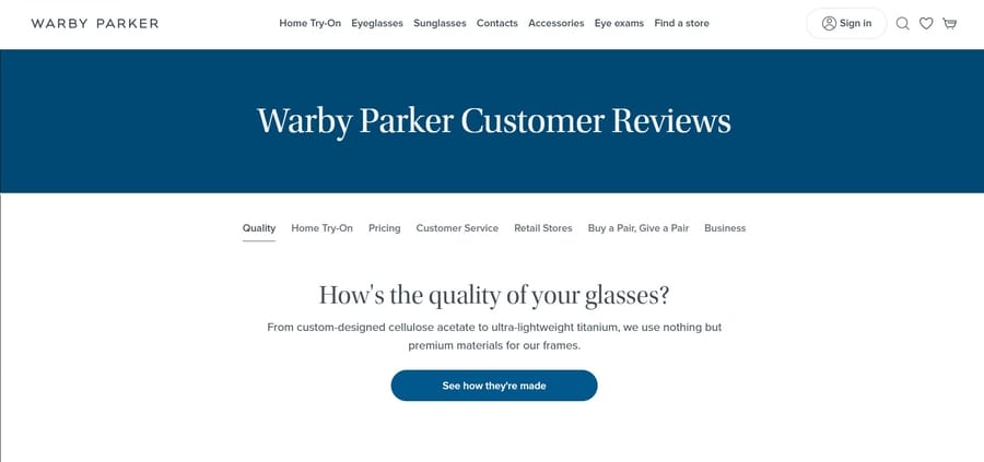 Warby Parker website screenshot