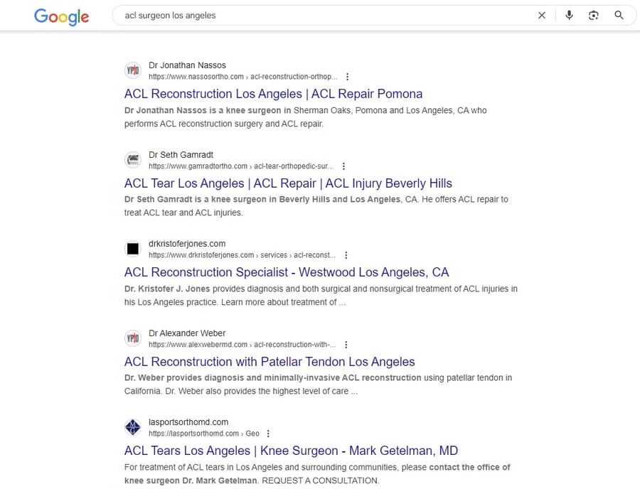 Image showing Google search results for "ACL surgeon Los Angeles"