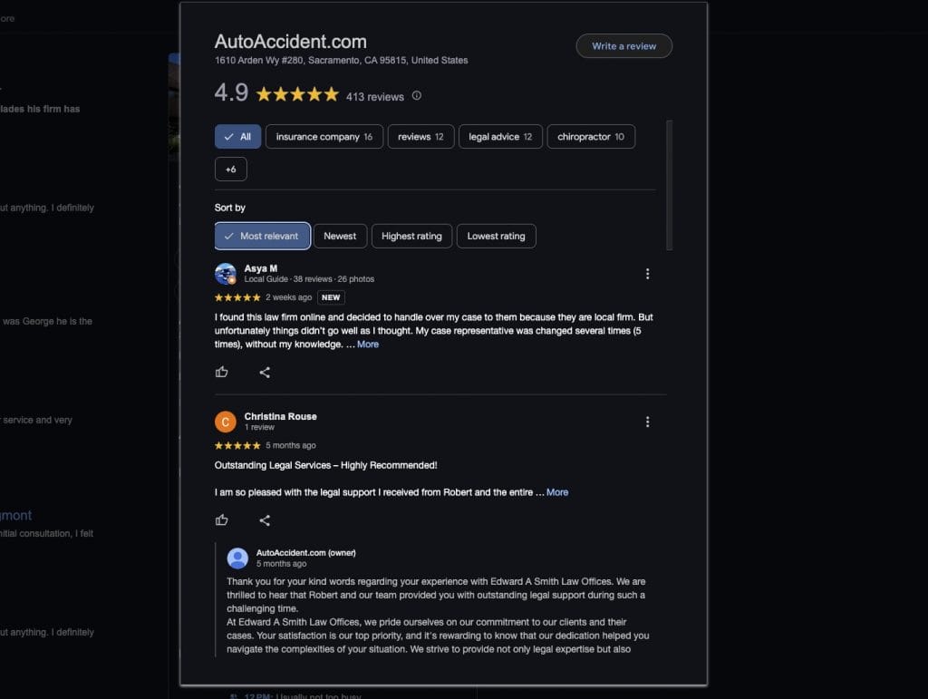 AutoAccident Law Offices of Edward A. Smith Google reviews screenshot
