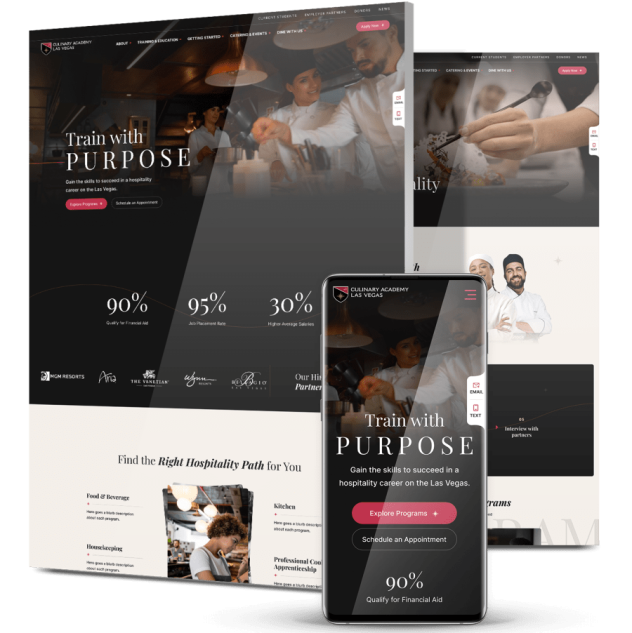 culinary-academy-of-las-vegas-website-design Image showing the Culinary Academy of Las Vegas' website design on mobile and desktop