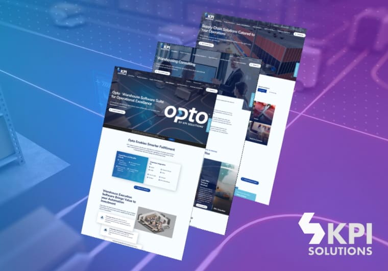 Warehouse management and supply chain software website mockups featuring enterprise SaaS design, dashboard interfaces and blue-purple gradient branding.