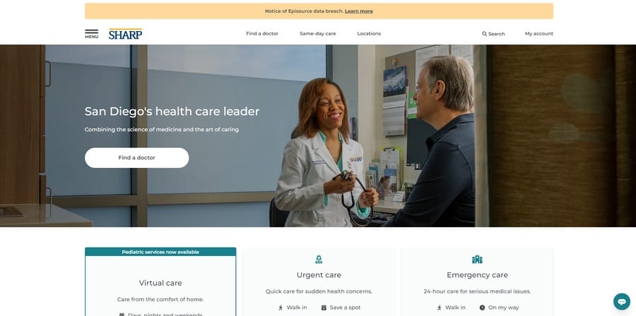 Sharp Healthcare website screenshot