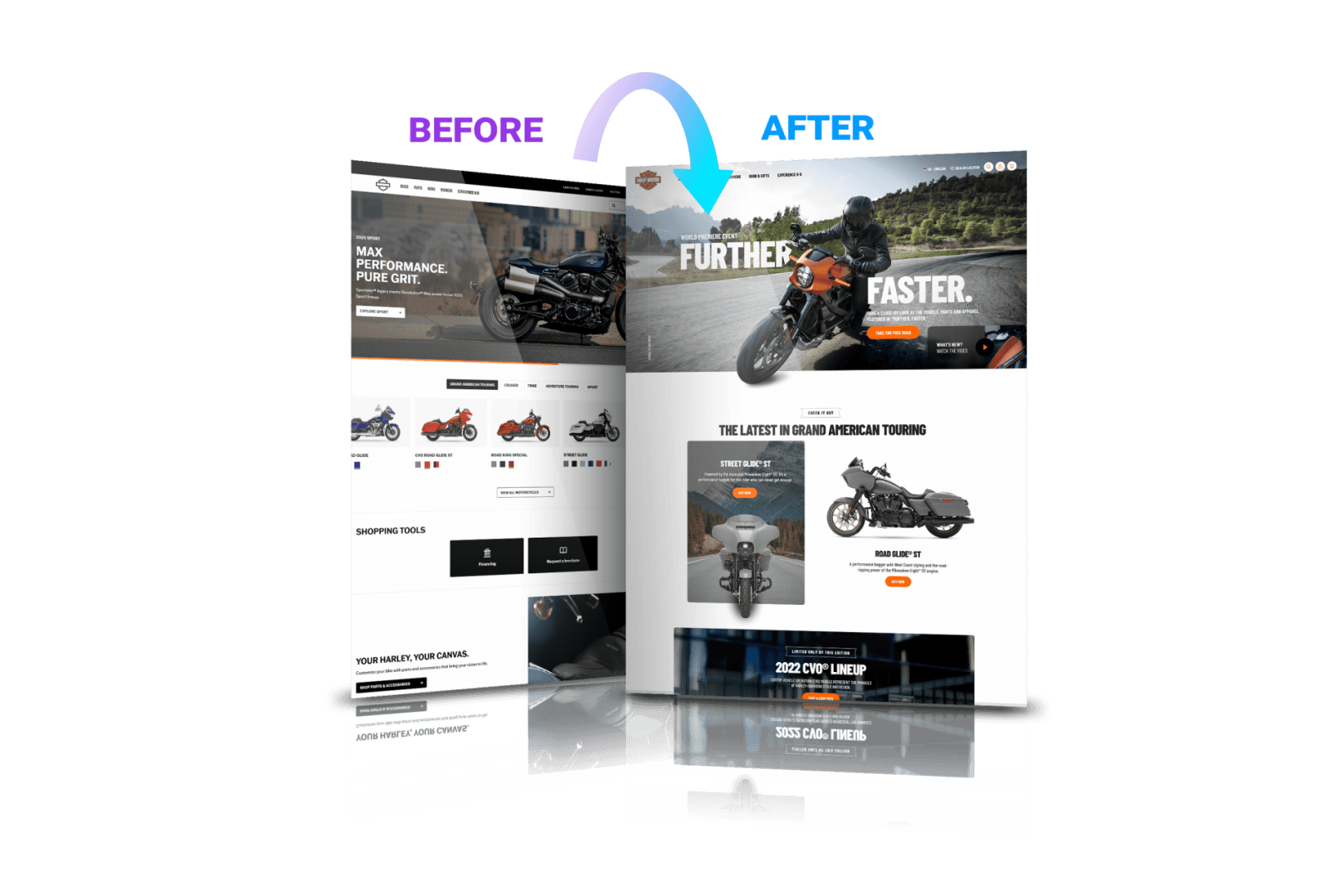 Revamping The Harley-Davidson Online Experience: A Digital Silk Before & After Case Study 1 Image showing the before and after of Harley Davidson's reimagined website