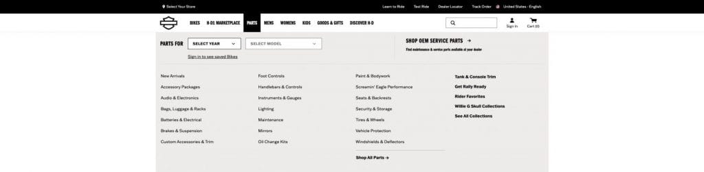 Main menu on the Harley-Davidson website