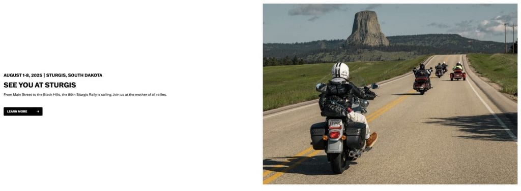 Typography on the Harley-Davidson website next to an image of bikers on the open road