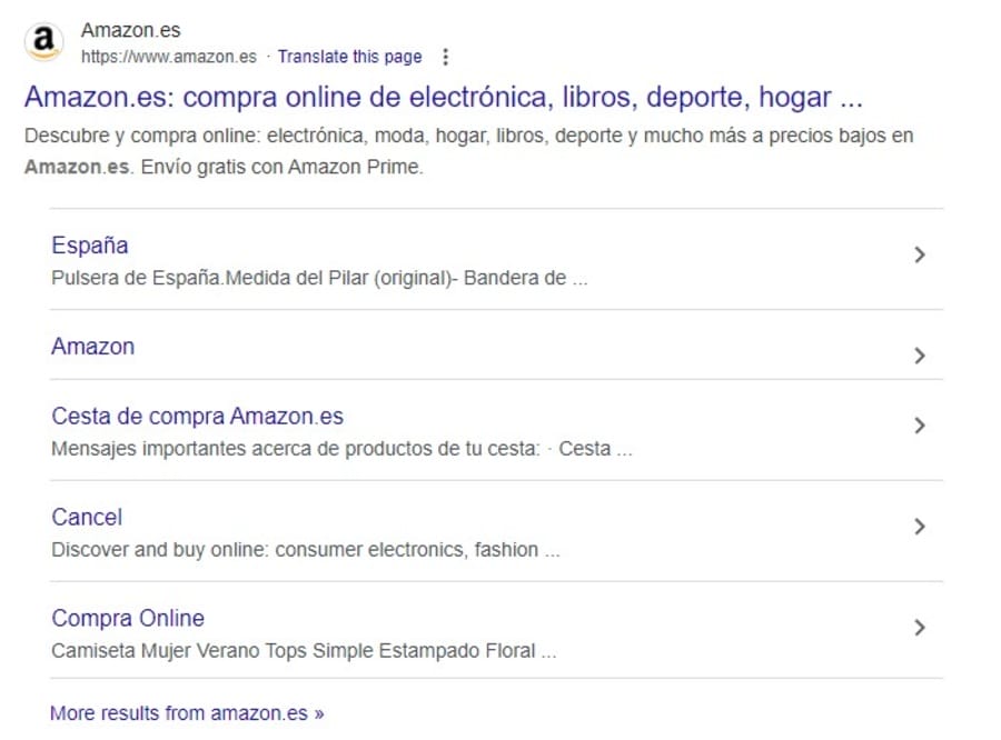 Google Search showing results for Amazon Spain