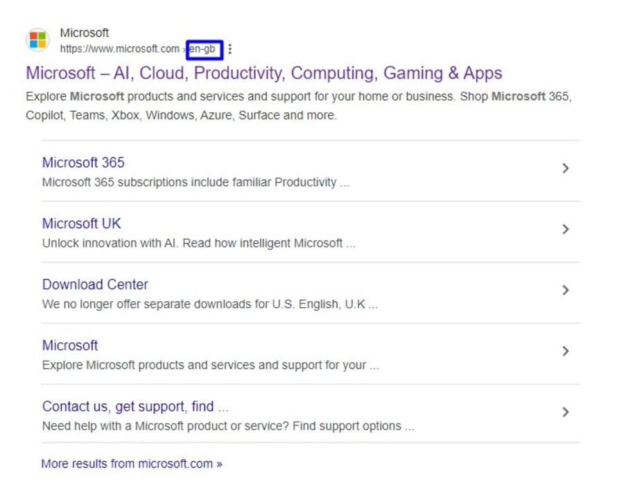 Google Search showing results for Microsoft's UK page