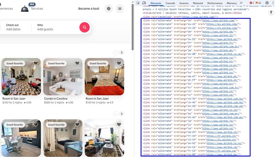 Image showing Airbnb hreflang tags