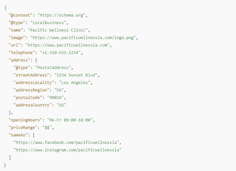 Image showing a schema markup for a local business in LA