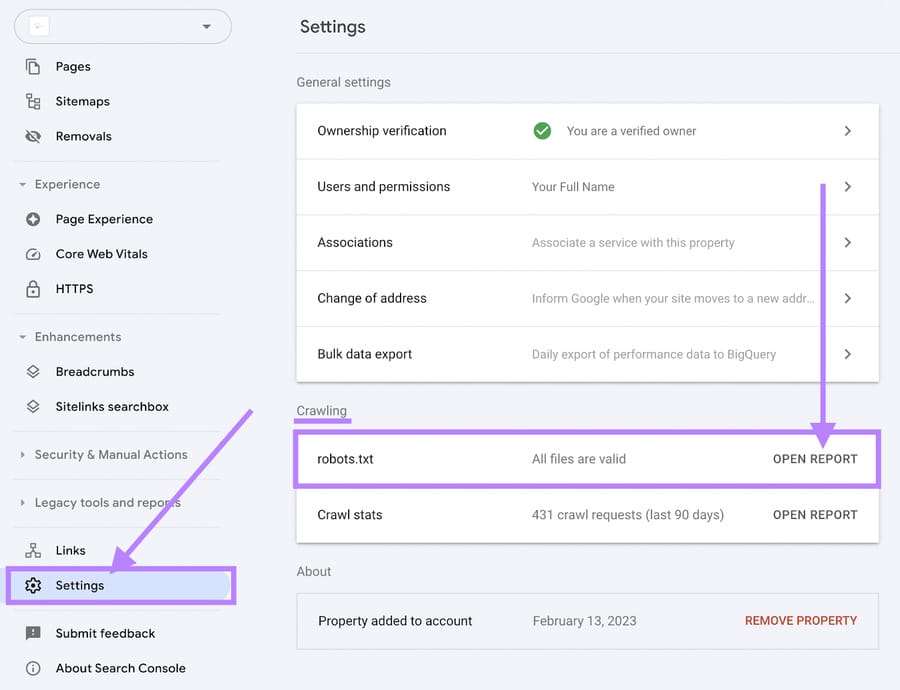 Image showing Google Search Console's crawling settings