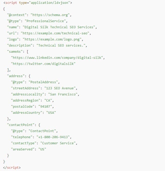 Image showing an example of a schema markup for a technical SEO company