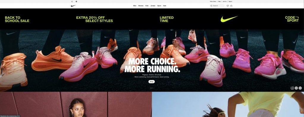 Nike's homepage displaying various models of sneakers.