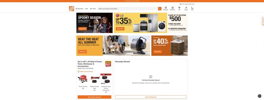 The Home Depot homepage showing product from different categories, such as refrigerators, utensils, etc.