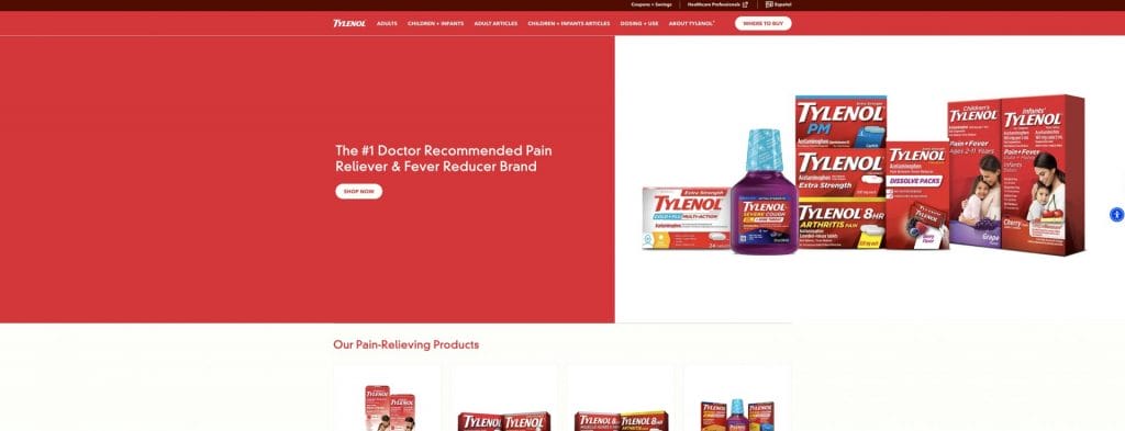 Tylenol's homepage displaying Tylenol products in various forms.