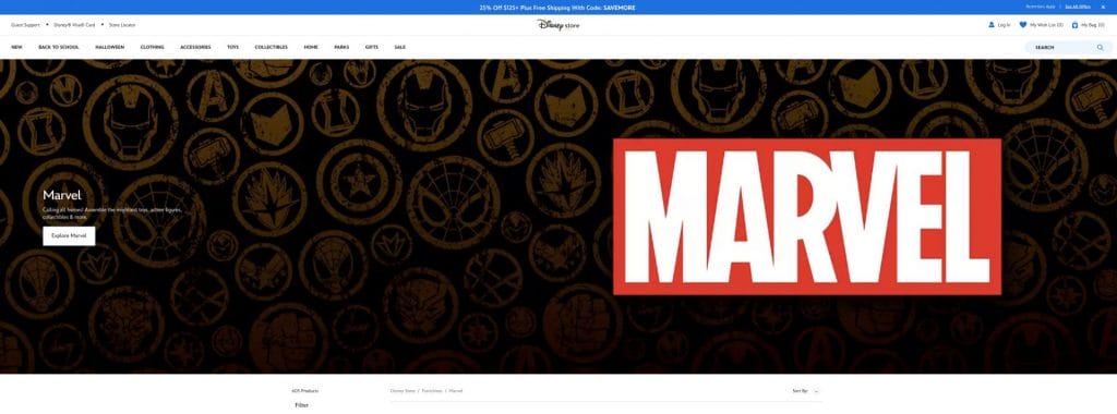 Disney's page dedicated to Marvel with a huge Marvel logo on it.