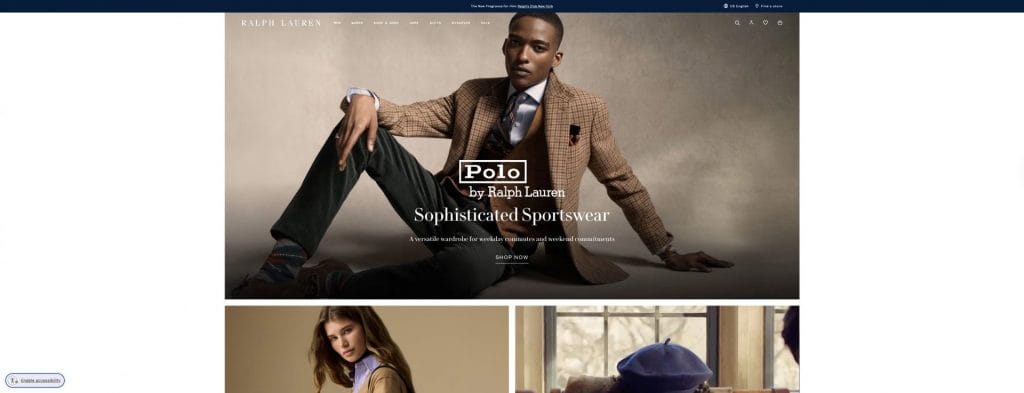 Ralph Lauren's homepage features an image of a male model sitting on the floor wearing Ralph Lauren attire.