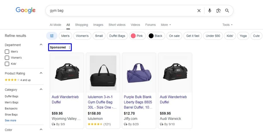 Image showing Google search for gym bag and related native ads