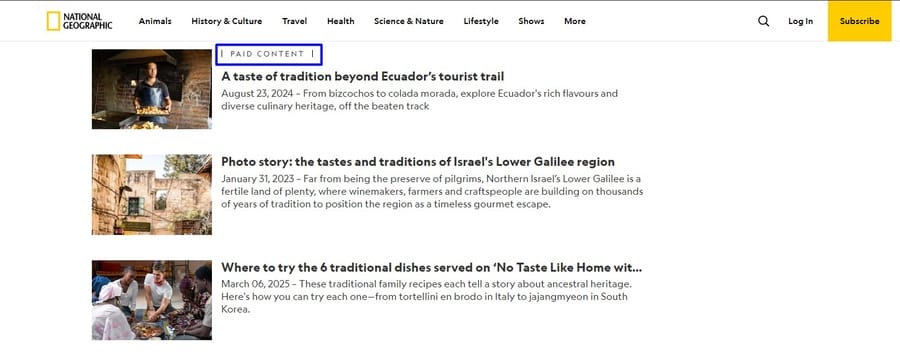 National Geographic website screenshot showing Ecuador Tourism native ad