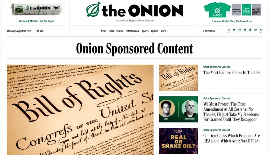 The Onion website screenshot showing sponsored conent