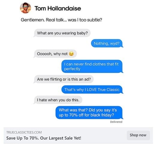 Image showing True Classic's native ad on Facebook