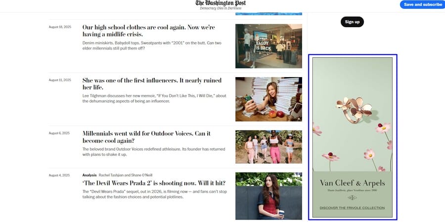 The Washington Post website screenshot showing Van Cleef & Arpels native ad