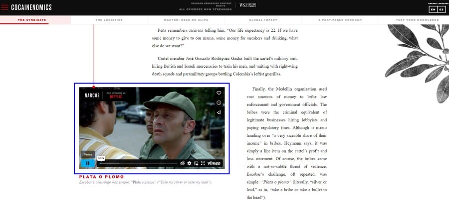 The Wall Street Journal website screenshot showing Narcos native ad