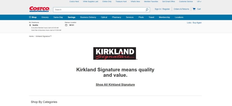 Costco website screenshot showing the Kirkland Signature range