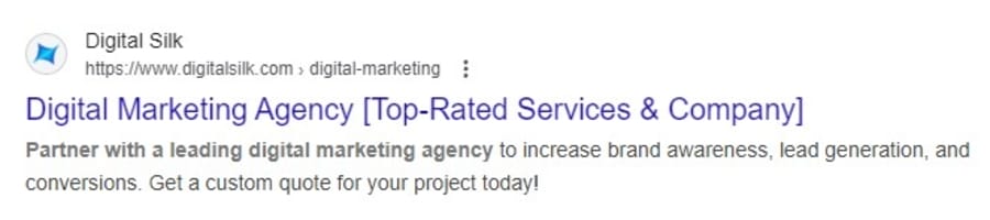 Image showing Digital Silk's digital marketing page and its meta tags