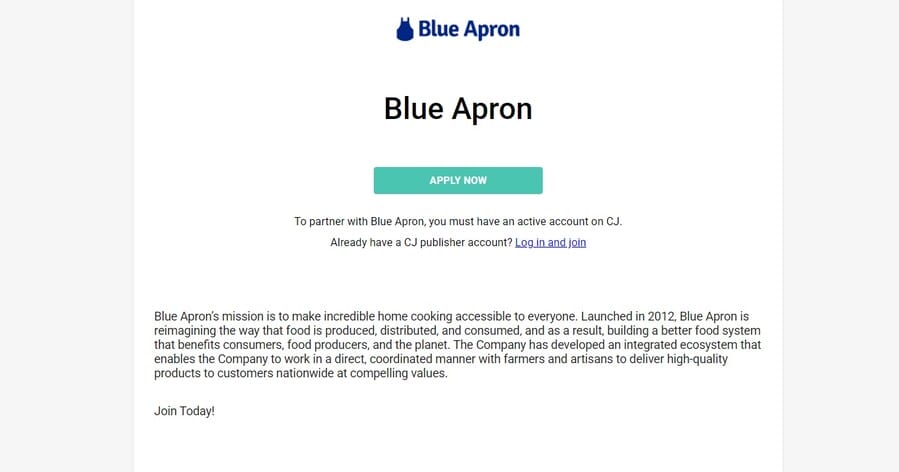 Blue Apron website screenshot showing affiliate program