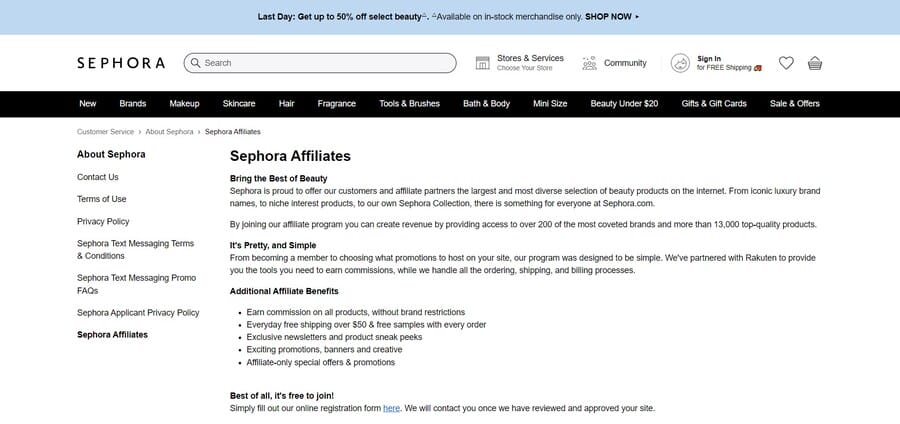 Sephora website screenshot showing affiliate program