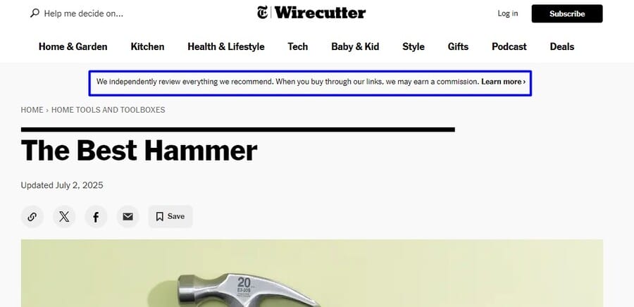 Wirecutter website screenshot showing affiliate marketing disclosure