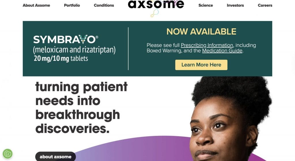 Axsome Therapeutics website screenshot