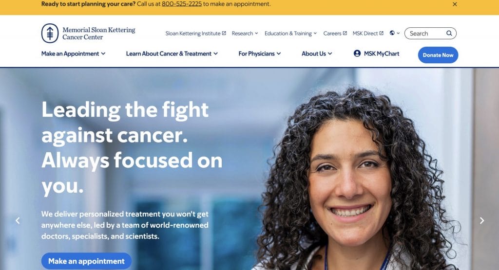 Memorial Sloan Kettering Cancer Center homepage screenshot