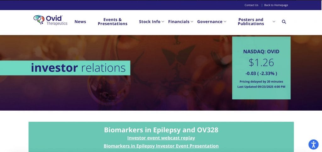 Ovid Therapeutics homepage screenshot
