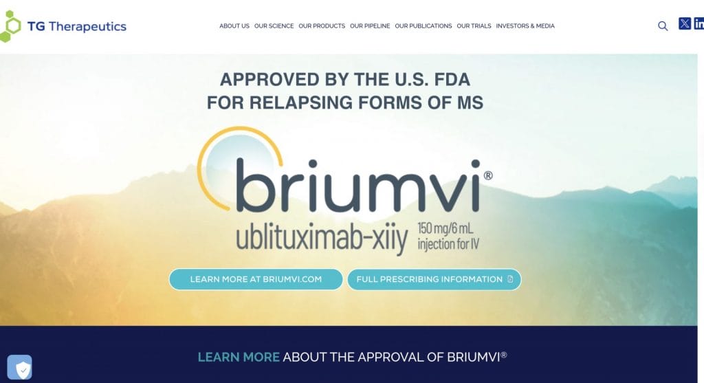 TG Therapeutics homepage screenshot
