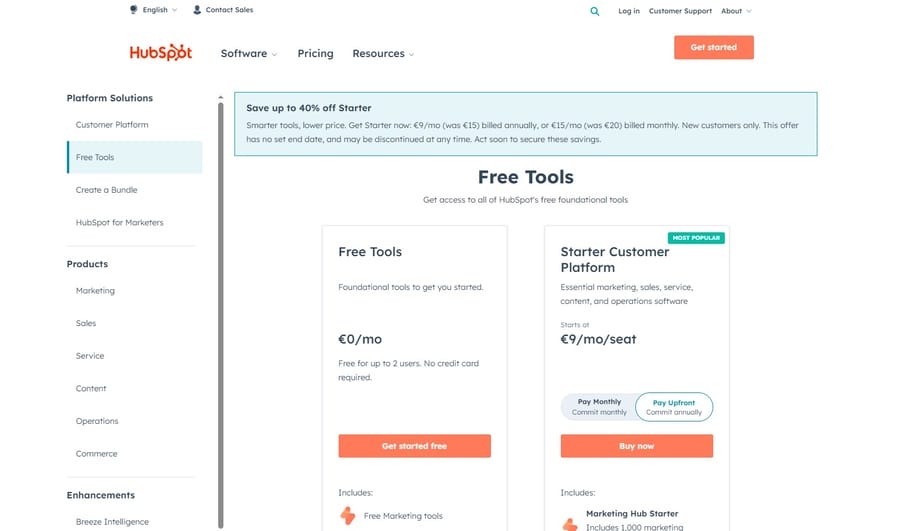 Image showing HubSpot's free tools