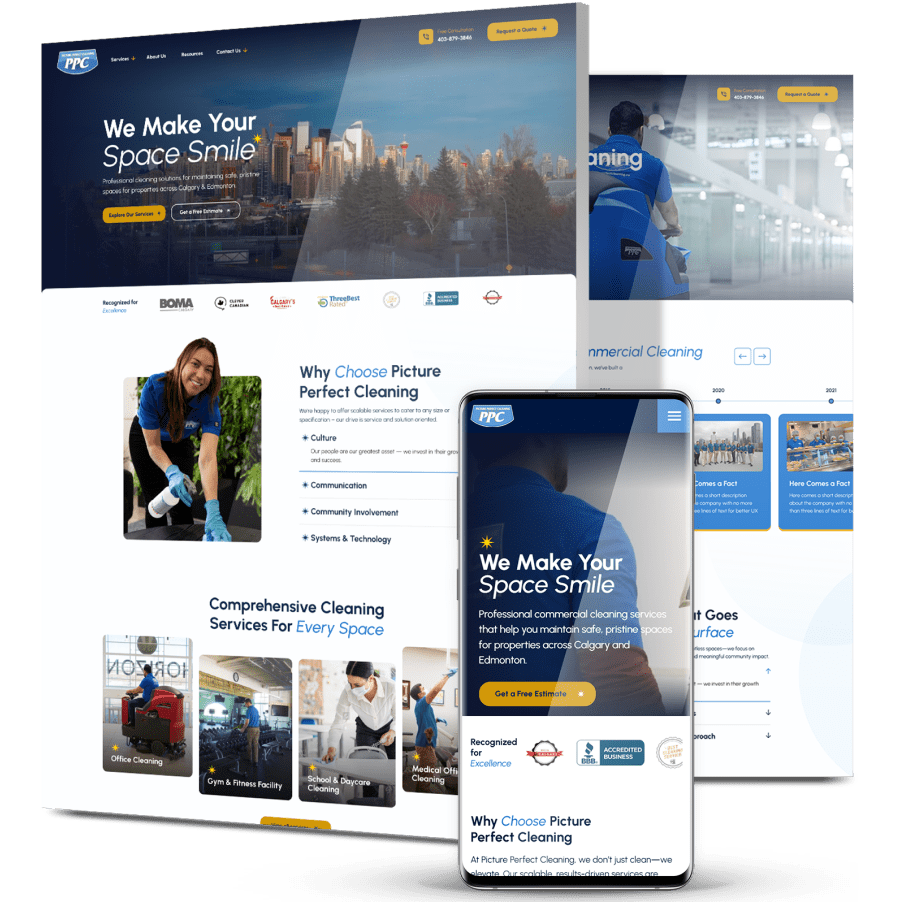 picture-perfect-cleaning-website-design Image showing Picture Perfect Cleaning's website on desktop and mobile