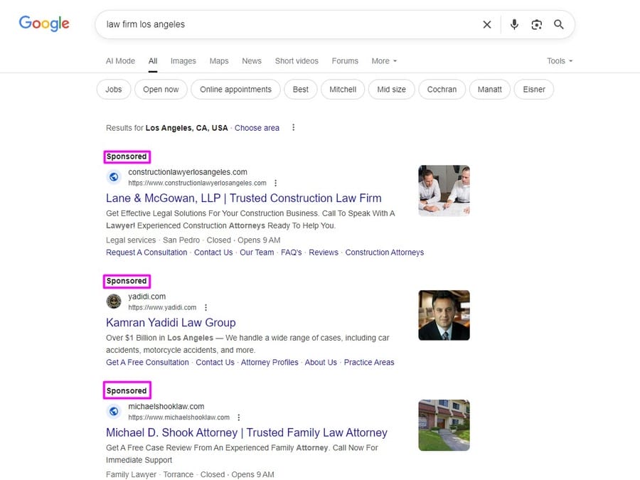 Google Search showing results for "law firm Los Angeles"