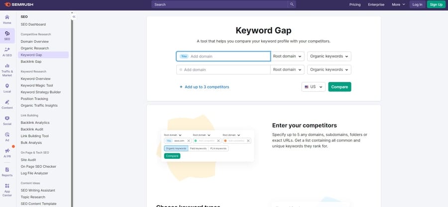 SEMRush keyword gap screenshot