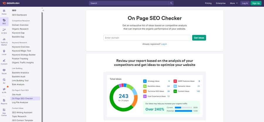 SEMRush on page SEO checker screenshot