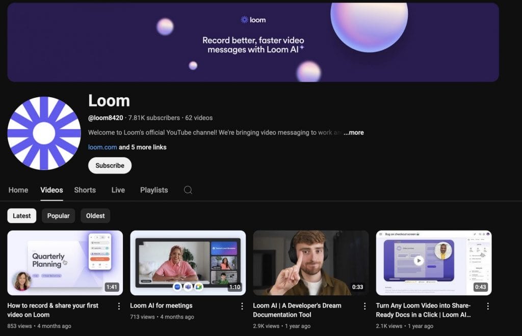 Loom YouTube homepage screenshot