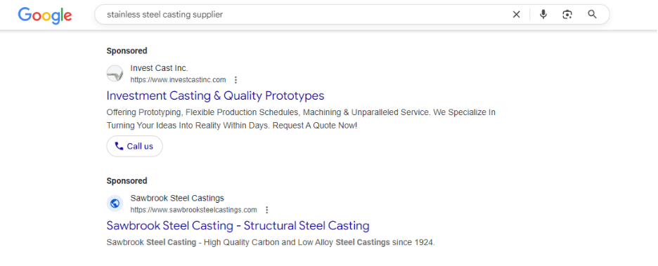 Google Search showing results for “stainless steel casting supplier”