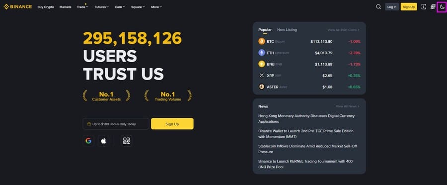 Binance website screenshot showing dark mode