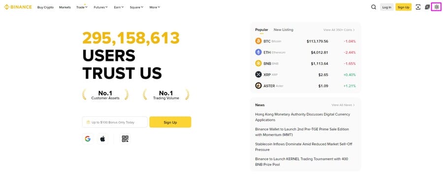 Binance website screenshot showing light mode