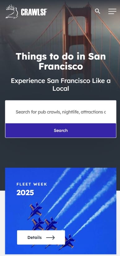 CrawlSF website screenshot on mobile